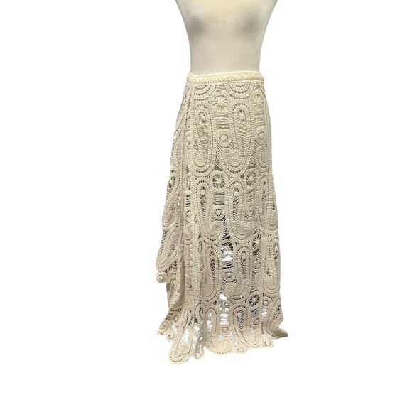Boho Crochet Maxi Skirt Cream Lined Romantic Layers Festival Size M - Picture 1 of 7
